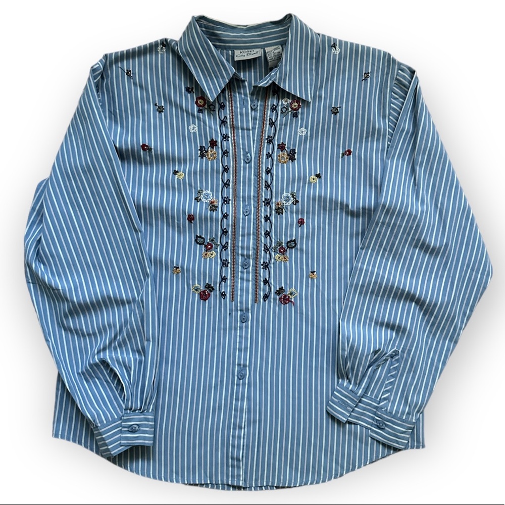 Vintage Koret Pin Striped Button Down Embroidered Floral Top